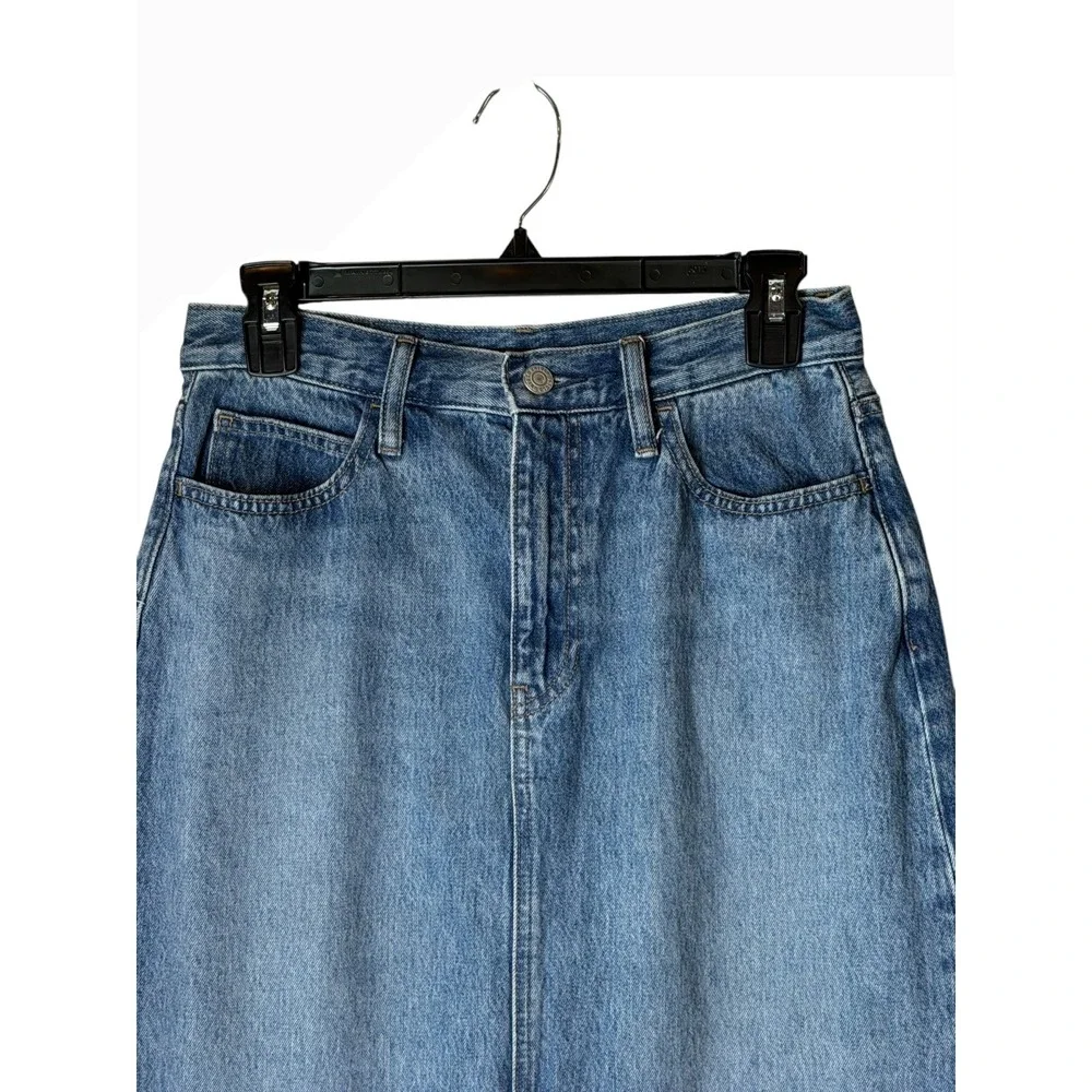 Uniqlo Denim Midi Skirt Women 10 Blue Medium Wash Front Slit Straight Jean
